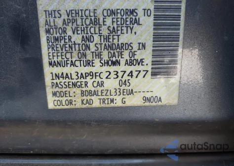 2015 Nissan Altima 2.5/2.5 S/2.5 Sl/2.5 Sv z USA, uszkodzony, nr VIN 1N4AL3AP9FC237477